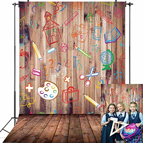 Back to School Backdrop for Photography 6X8FT Hand Painted Pencils House Books on Vintage Retro Wood Floor Background for Kids Party Decorations Photoshoot Studio Props - size: 6X8FT