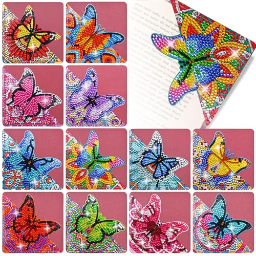 LINFANG 12 Pcs Diamond Painting Bookmark, DIY Corner Book Makers for Book Lovers, Diamond Art Beginners, Small Diamond Art Kits, Paint by Art Crafts Supplies Gift for Women Girls (Butterfly) - color: Butterfly