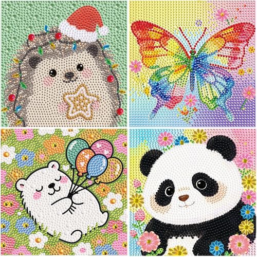 UiSdfuy Diamond Art Kits for Kids,Arts & Crafts for Kid Ages 8-12,Diamond Art for Kids,Gem Art Diamond Painting 6" X 6" - color: Panda, Butterfly, Hedgehog, Bear