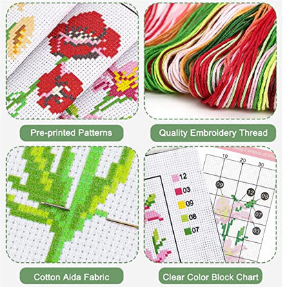 Caydo 3 Pieces Cross Stitch Bookmarks, DIY Stamped Embroidery Bookmark Kit | Cross Stitch Bookmarks for Beginner Flower Patterns 14 Count Crossstitch Projects for Book Lovers