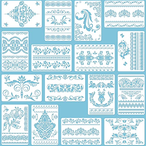 16 Pieces Flower Border Stencils, Mandala Stencils Templates Reusable Laser Cut Floral Painting Templates for DIY Wall Tile Furniture Canvas Craft Stencil Outdoor Indoor Decoration, 11.4 x 8.3 Inch