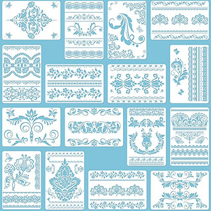 16 Pieces Flower Border Stencils, Mandala Stencils Templates Reusable Laser Cut Floral Painting Templates for DIY Wall Tile Furniture Canvas Craft Stencil Outdoor Indoor Decoration, 11.4 x 8.3 Inch