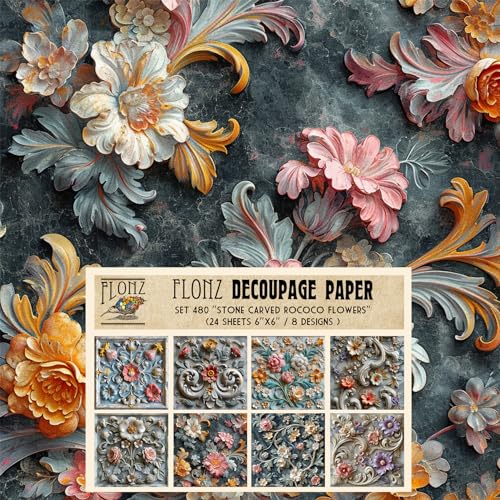 Decoupage Paper Pack (24 Sheets 6"x6") Stone Carved Rococo Flowers # Vintage Styled Pattern Paper for Decoupage, Craft and Scrapbooking - color: ThirtyFour