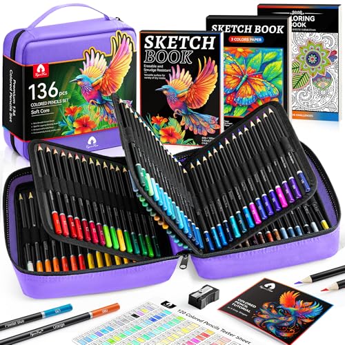 136 PCS Colored Pencils Set for Adult Coloring Books, 120 Colored Pencils | with Sketchbook, Coloring Book, Sharpener, Tutorial, Soft Core Sketching Drawing Pencils, Art Supplies for Adults Artists - color: Purple
