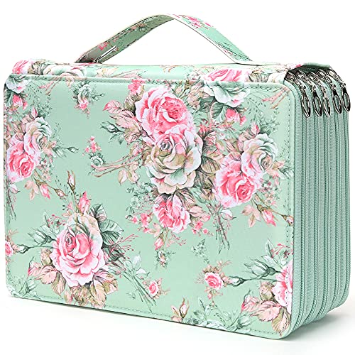 Vomgomfom 252 Slots Pencil Bag, 5-Layer Zipper Art Supply Organizer, PU Leather Portable Colored Pencil Case with Handle for 252 Watercolor Pens, Gel Pens (Green Rose) - color: A Green Rose, size: 252 Slots