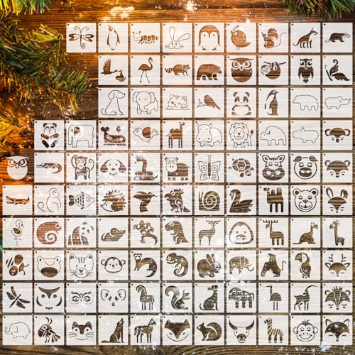 100 Pcs Small Stencils for Crafts, 2 Inch Reusable Cute Stencils for Painting on Wood DIY Craft for Drawing Templates Wall Home Decor Canvas Fabric(Animals) - style: Animals