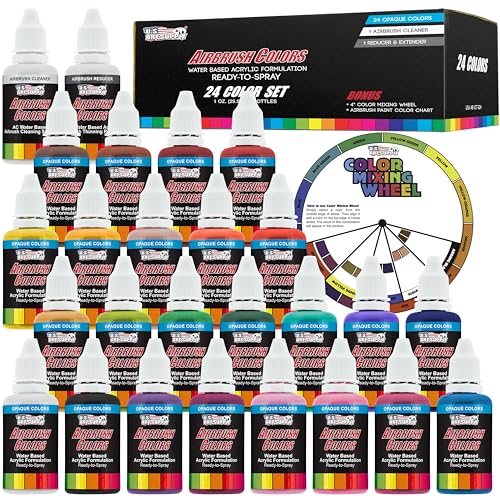 U.S. Art Supply Airbrush Paint Set, 24 Color Deluxe Kit, 1-oz Bottles - color: 24-Color Deluxe Set