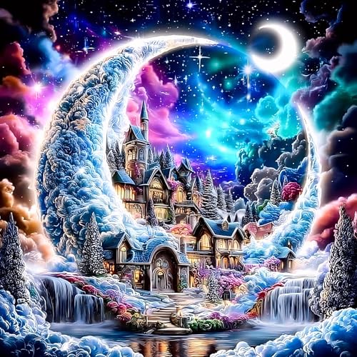 Reofrey DIY Diamond Art Kits for Adults Moon House, Full Drill Round Rhinestone Diamond Painting Kits for Adults, Cross Stitch Embroidery Canvas for Crafts Home Wall Decor 12x16 inch/ 30x40cm - color: Moon House