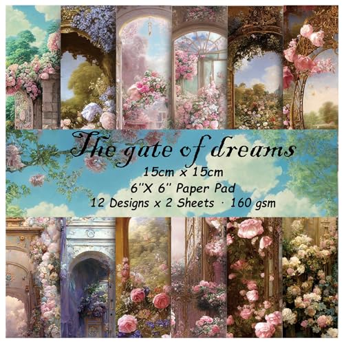 Scrapbook Paper, 24 Sheets 6"×6" 160gsm Single-Sided Patterned Cardstock | Vintage Decopodge Scrapbook Supplies, Junk Journal Decorative Crafts DIY Album Card Making Art Journaling.Gate of Dream - color: 24 sheets-gate of dream