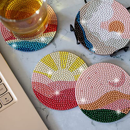 Temlum 6pcs Diamond Art Coasters Kits for Adults with Holder, Landscape - color: Landscape Coasters With Holder