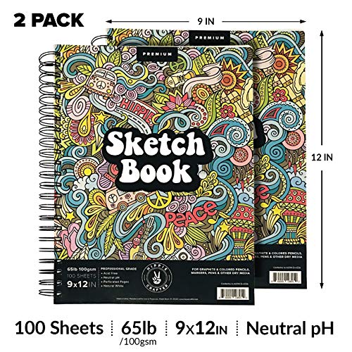 HIPPIE CRAFTER Marker Sketch Book - 2 Pack 9 x 12 Inches Spiral-Bound Sketchpad, 100 Sheets, 65lb Paper for Drawing & Markers, Ideal for Adults, Artists