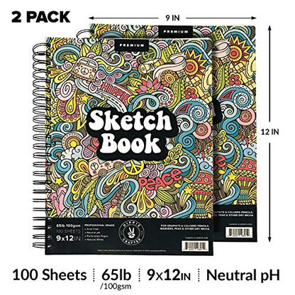 HIPPIE CRAFTER Marker Sketch Book - 2 Pack 9 x 12 Inches Spiral-Bound Sketchpad, 100 Sheets, 65lb Paper for Drawing & Markers, Ideal for Adults, Artists