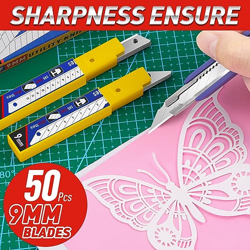 DIYSELF 50 Pack Utility Knife Blades, 9mm Snap Off Blades (30°) | Razor Knife Box Cutter Blades Refills for Detail Cutting, Segmented Edge, Precision Trimming for Paper, Vinyl, Film, Crafts - size: 50-Pack(30°)
