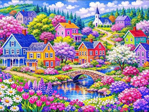 Diamond Painting Kit for Adults,5D Full Drill Colorful Town Diamond Art | Colorful Riverside Village Floral Paint by Diamonds Dot Gem Art for beginners,Home Wall Decor 12x16Inch - color: KM1198-1
