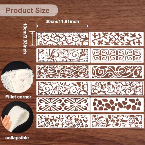 12 Pcs Border Stencils for Painting Retro Leaf Stencil Template Reusable Furniture Cake Decorative Stencils Borders for DIY Wood Craft Canvas Fabric - style: Retro Style