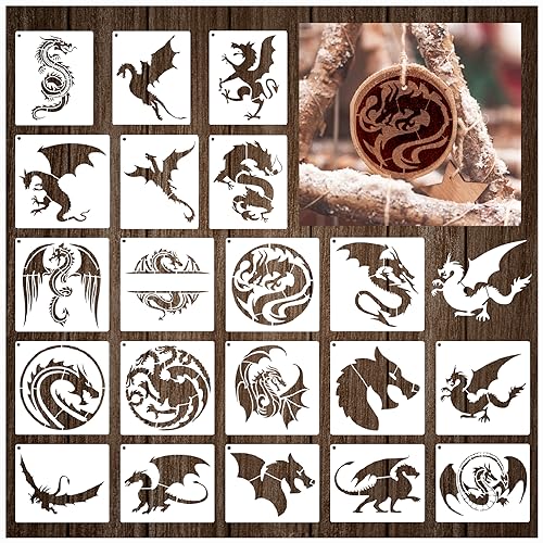 20 Pieces Dragon Stencils Template Reusable Mylar Craft Stencils for Painting on Wood Canvas Walls Decorations DIY Projects (20 Dragon) - style: 20 dragon