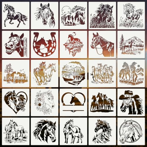 Horse Stencils for Crafts Reusable 25Pcs Stencils(6X6 Inch) | DIY Art Painting Stencil Furniture Decor Kit for Wood Embroidery Wall Silk Screen Journaling - color: Horse