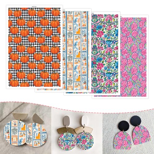20Pcs Vintage Pumpkin & Floral Clay Transfer Paper for Earrings, 4 Designs (Pumpkins, Leaves, Floral and Vines), Double-Sided Water Clay Stickers, Disposable Clay Transfer Sheet for DIY Jewelry Making - color: 4 Pattern Sets