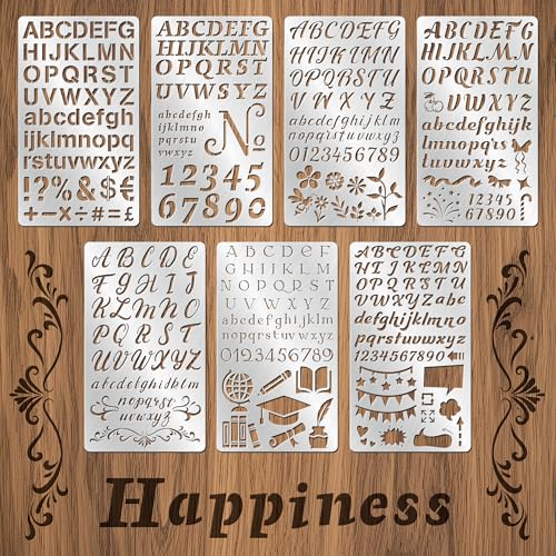 7PCS Metal Stencils Set,Stainless Steel Letter Number Stencils for Engraving, Wood Burning- Reusable Alphabet & Symbol Templates for Journaling, Scrapbooking, DIY Drawing Crafts Durable & Clear Lines - size: 7PCS Letter Number Stencils