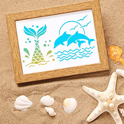 80 Pcs 5 x 5 Inch Stencils for Painting on Wood, Reusable Sea Ocean Creatures Mermaid Dolphin Shark Plastic Stencils DIY Craft Paint Template Set for Wall Home Decor - style: Ocean