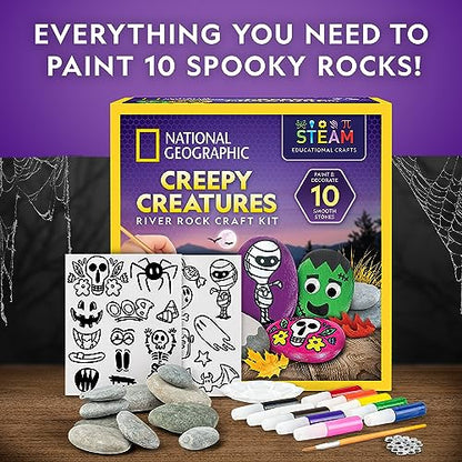 National Geographic Creepy Creatures Rock Painting Halloween Craft Kit | 10 River Rocks, 10 Paint Colors, Spooky Art Supplies for Kids, Halloween Crafts, Creative Activity, Creepy Creature Designs - style: Creepy Creatures