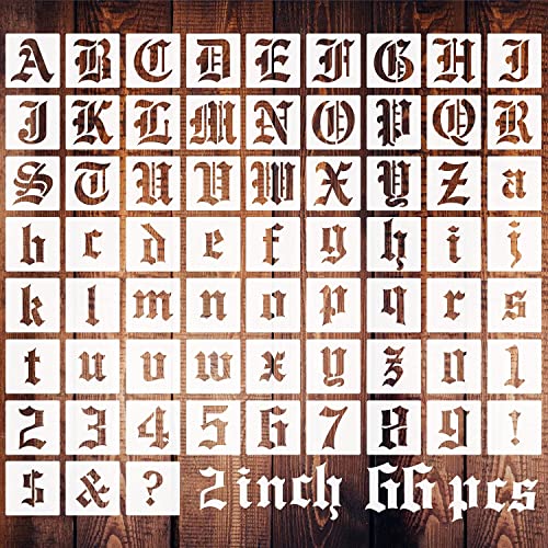 2 Inch Calligraphy Letter Stencils for Painting, 66 PCS Old English Lettering Stencils Reusable Alphabet Stencil Plastic Letters Numbers Templates for Painting on Wood Wall Fabric Art Crafts - size: 2 inch