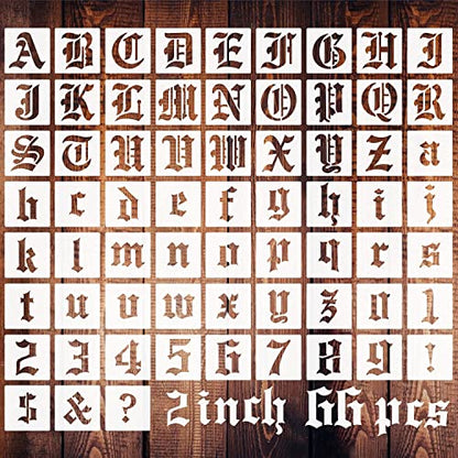 2 Inch Calligraphy Letter Stencils for Painting, 66 PCS Old English Lettering Stencils Reusable Alphabet Stencil Plastic Letters Numbers Templates for Painting on Wood Wall Fabric Art Crafts - size: 2 inch