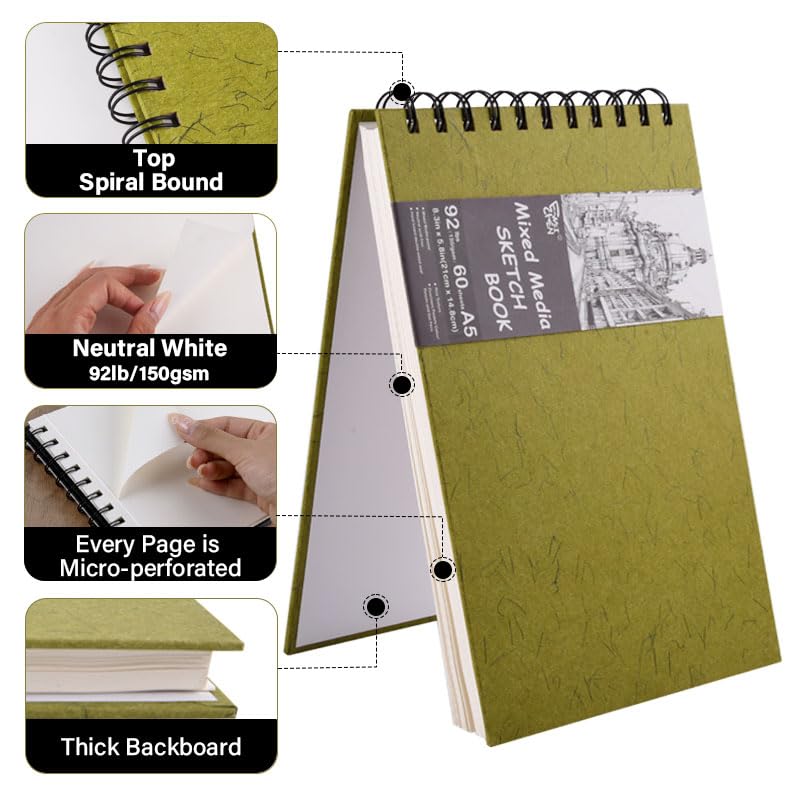 5.8" x 8.3" Mixed Media Sketch Book,Spiral Bound Hardcover Sketchbook,60 Sheets 92lb/150gsm Neutral White Acid Free Paper,Art Journal Sketchbook for Drawing Writing Sketching Illustration,Yellow Green - color: Neutral White-Yellow Green