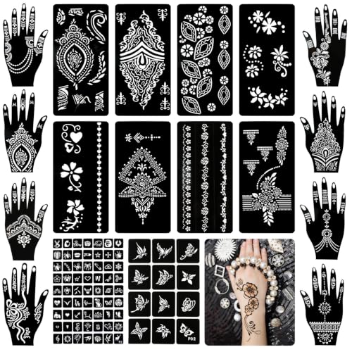 Koogel 18 Sheets Henna Tattoo Stencils, Temporary Flower Patterns Glitter Airbrush Tattoo Kits Arabian Stickers for Women and Girls Face Hand Paint Body Art - color: Black2