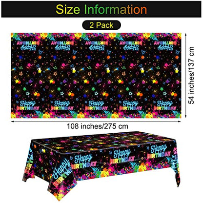 durony 2 Pack Glow in the Dark Birthday Party Tablecloth Neon Plastic Disposable Table Cover Paint Graffiti Happy Birthday Table Decorations for Let's Glow Birthday Party, 54 x 108 Inch - style: Neon Birthday