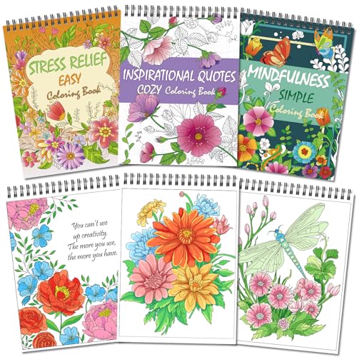 Kalysky Easy and Cozy Adult Coloring Book Set, 3 Pack Stress Relief Coloring Books for Adults Relaxation, Flower Inspirational Quotes Designs. - color: Easy Cozy Flower Inspirational Quotes