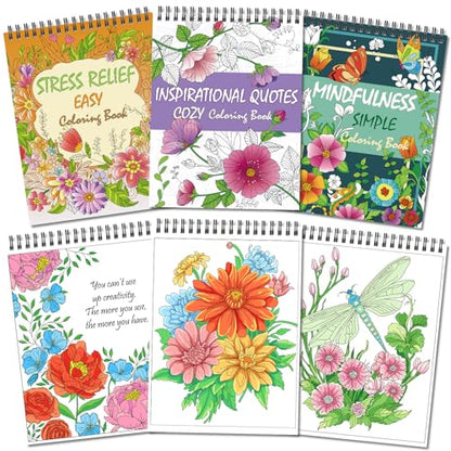Kalysky Easy and Cozy Adult Coloring Book Set, 3 Pack Stress Relief Coloring Books for Adults Relaxation, Flower Inspirational Quotes Designs. - color: Easy Cozy Flower Inspirational Quotes