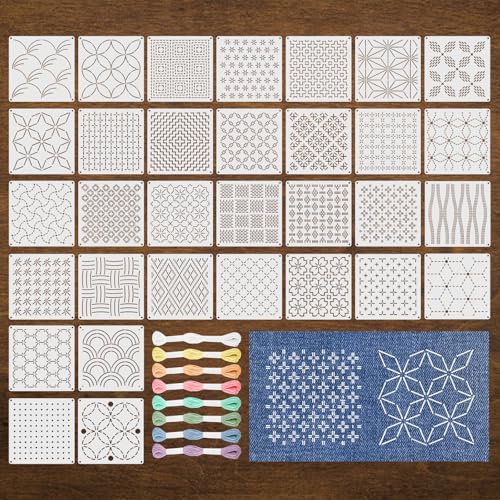 40 Pcs Sashiko Stencil Set, 5.12 x 5.12 in Plastic Geometric Sashiko Pattern Templates with 8 Colors Thread, Drawing Line Embroidery Stencils for Visible Mending, Hand Sewing and Quilting