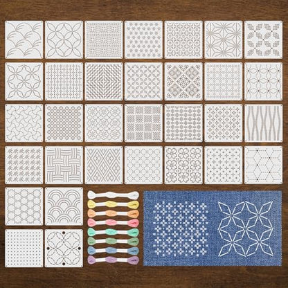 40 Pcs Sashiko Stencil Set, 5.12 x 5.12 in Plastic Geometric Sashiko Pattern Templates with 8 Colors Thread, Drawing Line Embroidery Stencils for Visible Mending, Hand Sewing and Quilting