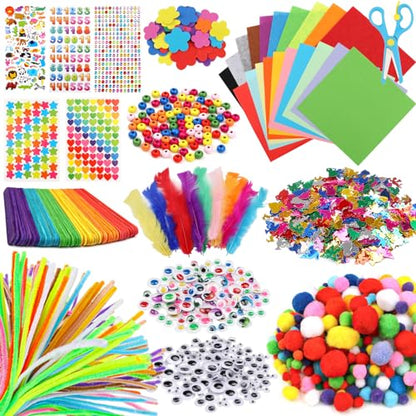 DOITEM Pipe Cleaners Craft Supplies, 1500+Pcs Arts and Crafts Supplies Including Pipe Cleaner Wiggle Googly Eyes Pom Poms Feathers Sticks Sequins Foam Flowers Papers Felt Stickers - color: 1500+