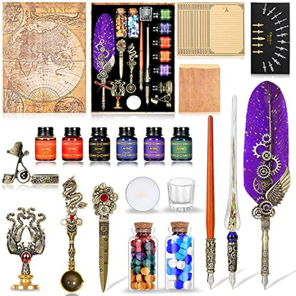 Quill Pen Ink Set, With Quill Pen, Wooden Dip Pen, Glass Dip Pen, 6 Bottles Ink,16 Letter Paper, 2 Envelopes,17 Nibs, Pen Holder, 2 Bottles Fire Lacquer Wax, Stamp, Spoon, White Wax, Cup(Purple) - color: Purple