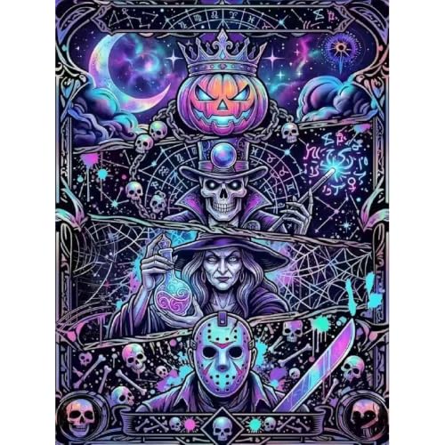 uuxsretaio Halloween Diamond Art Kits for Adults, 5D Horror Diamond Painting Kit for Beginners, DIY Full Drill Diamond Dots Gem Arts Crafts Spooky Home Wall Decor, Witch Skull Design 12x16 in - color: JX0531