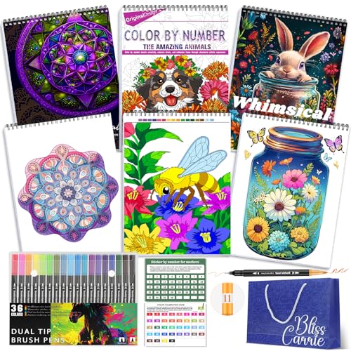 3Pcs Adult Coloring Books Set for Women Relaxation with 36 Colors Markers - style: Magic Jar & Animals & Mandala