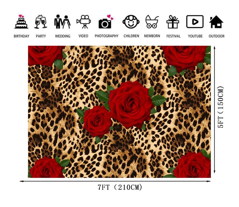 7x5ft Leopard Print Rose Backdrop Red Flower Cheetah Pattern Photography Background Sexy Glam Party Banner for Women Birthday Girls Night Club Decor Photo Booth Wall Decoration