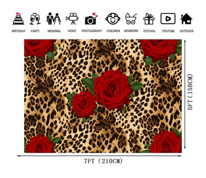 7x5ft Leopard Print Rose Backdrop Red Flower Cheetah Pattern Photography Background Sexy Glam Party Banner for Women Birthday Girls Night Club Decor Photo Booth Wall Decoration