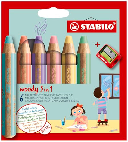 STABILO - woody 3-in-1 - Multi-Talented Pencil - Pack of 6 - Assorted Pastel colors with Sharpener - style: Set + Sharpener