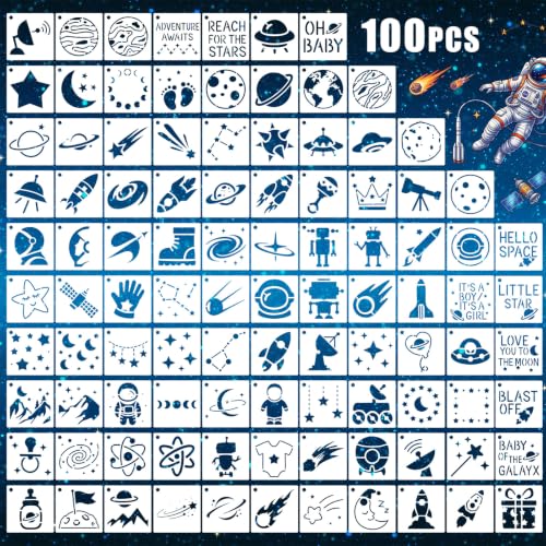 Fainne 100 Pcs 1.5 Inch Space Theme Small Stencils for Crafts | Reusable Painting Stencils for Wood Wall Card Making Scrapbooking Journaling, Portable Craft Templates - style: Space