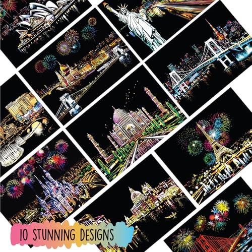 Scratch Art Book for Adults - City Series, 10 Rainbow Art and Crafts for Adults | Adult scratch art & foil art for adults kit | stress relief scratch painting, screen-free travel craft | scratch art adult - color: City series