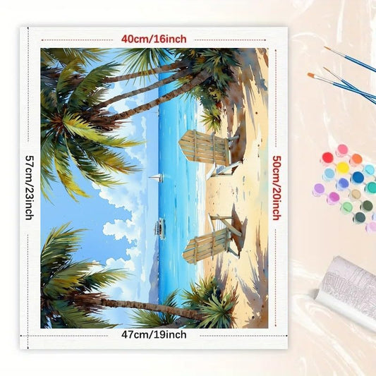 Tropical Beach Paint by Numbers Kit for Adults - DIY Seaside Chairs with Palm Trees and Boats Painting on Canvas 16x20 Inches, Acrylic Paint Set for Beginners, Art for Home Decoration or Gifts - color: HSX00406, size: 16X20IN Folded