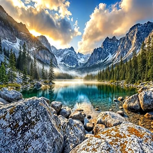 Landscape Mountain Lake Diamond Art Kits for Adults, 5D Diamond Painting Kits for Adults Beginners, DIY Full Round Drill Diamond Dot Painting Gem Art Kits for Adults, Home Wall Decor 13.8x13.8 Inch