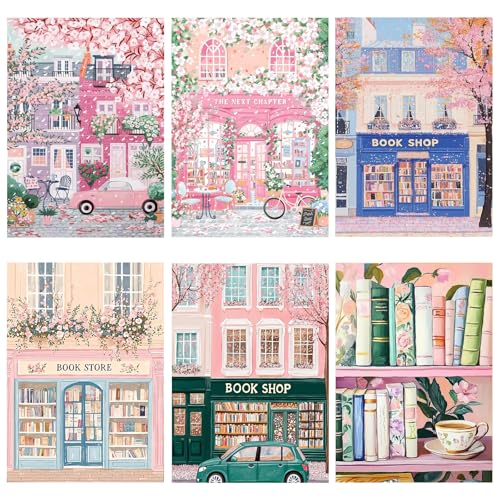 AOSGEDY 6 Packs Bookstore Paint by Numbers Kit for Adults Beginner, Pink Book Shop Adult Paint by Number Kits on Canvas, DIY Acrylic Oil Painting by Numbers for Home Wall Decor 10x14 Inch - color: MT22948--MT22953-US
