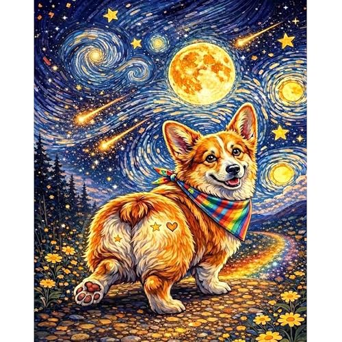TOPCLTV Starry Sky Corgi Diamond Art Kits for Adults, Full Round Drill 5D Dog Diamond Painting Kit, DIY Paint by Diamonds Animal Gem Art for Wall Decor Relaxing Gift for Women Dog Lover 12x16 Inch - color: HS036-1