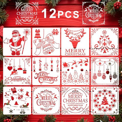 Reusable Christmas Stencils Set of 12 - Stencils for Painting On Wood, Walls, Fabric,Windows - Santa, Snowman, Pine Tree, Deer Xmas Holiday Stencil for Christmas Decorations (Christmas-5B) - style: Christmas-5B