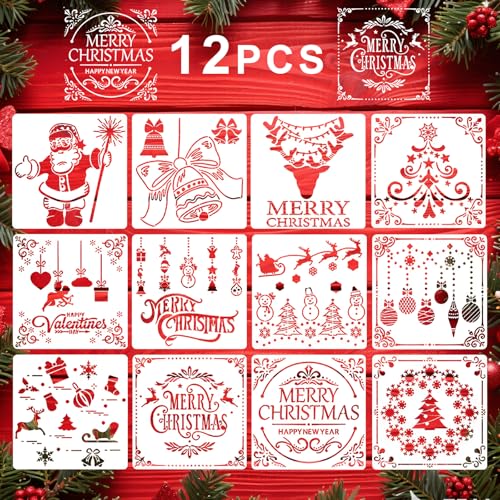 Reusable Christmas Stencils Set of 12 - Stencils for Painting On Wood, Walls, Fabric,Windows - Santa, Snowman, Pine Tree, Deer Xmas Holiday Stencil for Christmas Decorations (Christmas-5B) - style: Christmas-5B