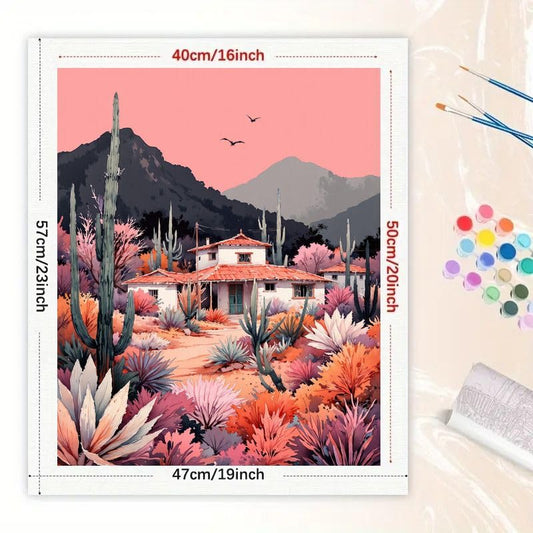 Desert Oasis Paint by Numbers Kit for Adults - DIY Southwestern Cactus House Painting on Canvas 16x20 Inches, Acrylic Paint Set, Suitable for Beginners, Art for Home Decoration or Gifts - color: HSX00155, size: 16X20IN Folded
